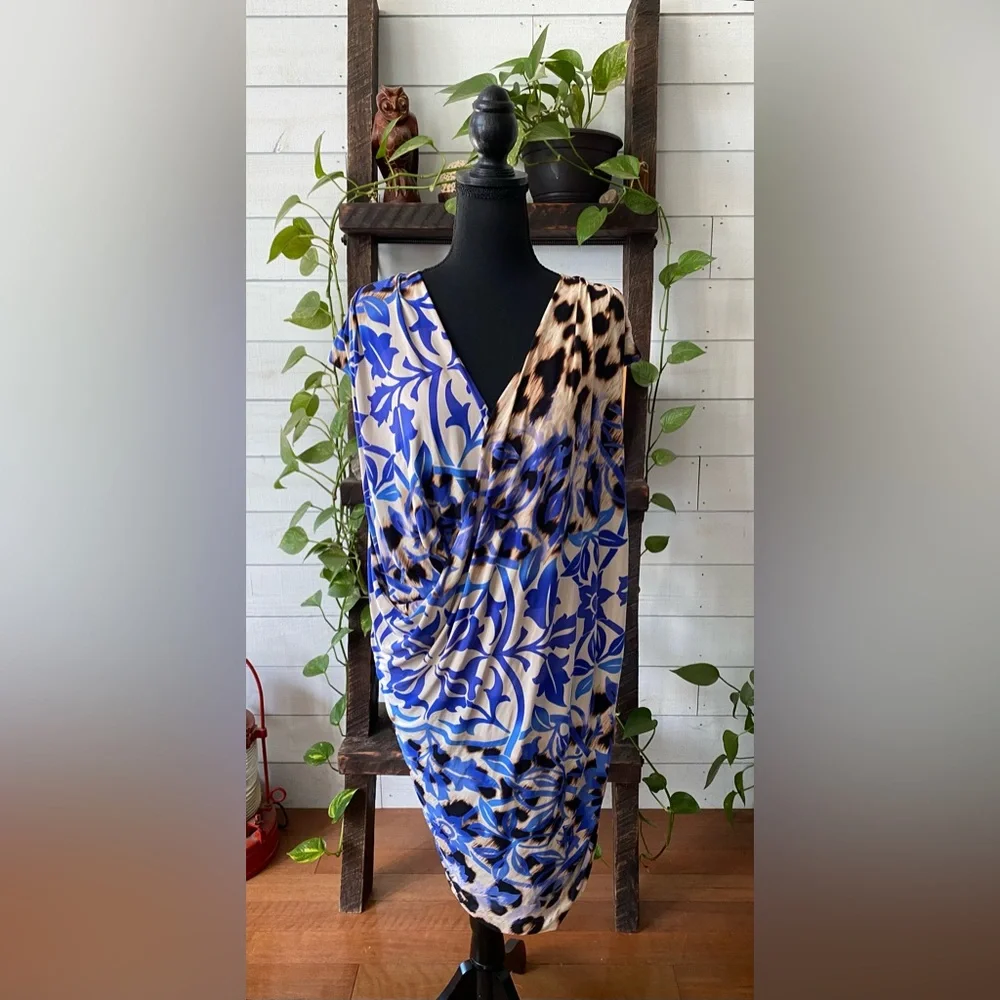 Nine West: Blue V Neck Mixed Animal and Floral Print Dress